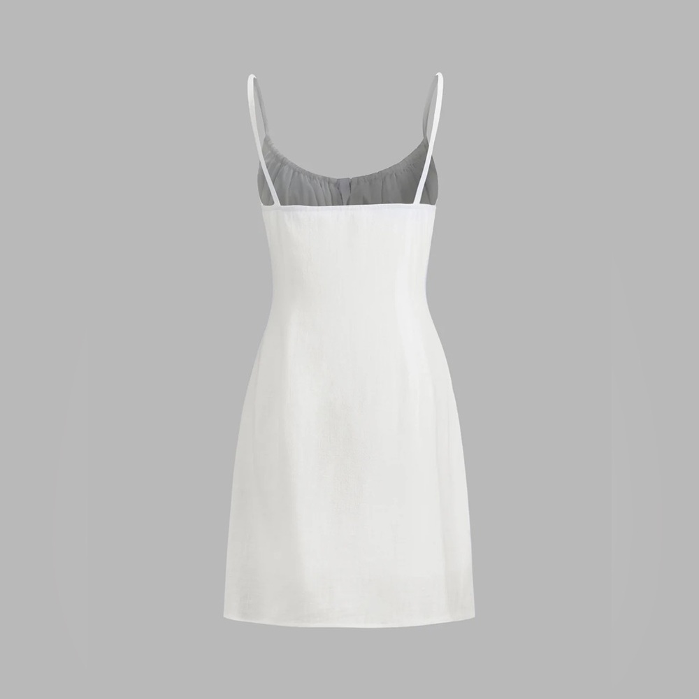 Commense White Linen Sleeveless Buttoned Keyhole Tie Front Mini Dress - Picture 3 of 5
